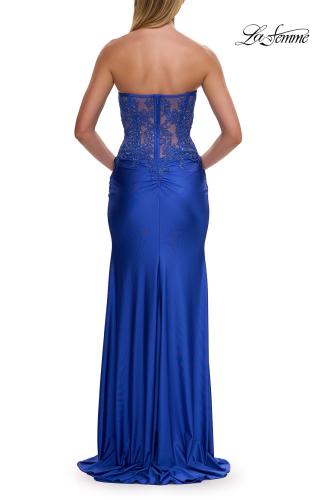 Picture of: Strapless Sheer Lace Corset Gown with High Slit in Royal Blue, Style: 33398, Detail Picture 14