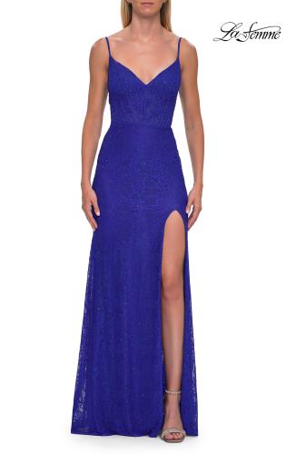 Picture of: Rhinestone Lace Gown with Sheer Bodice and Side Slit in Royal Blue, Style: 33442, Detail Picture 15