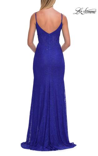 Picture of: Rhinestone Lace Gown with Sheer Bodice and Side Slit in Royal Blue, Style: 33442, Detail Picture 16
