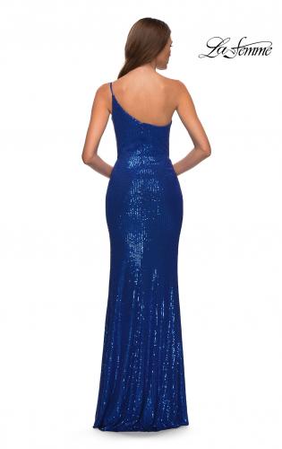 blue one shoulder prom dress