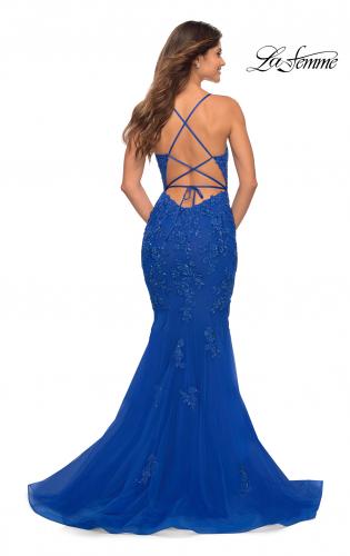 Picture of: Stunning Mermaid Tulle and Jeweled Lace Dress in Royal Blue, Back Picture