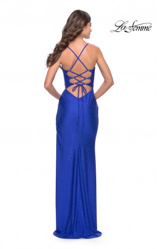 Picture of: Rhinestone Jersey Dress with Strappy Back and High Slit in Royal Blue, Style: 31398, Back Picture