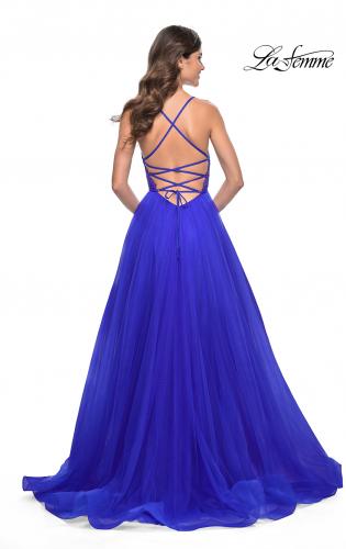 Picture of: Illusion Lace Bodice A-Line Tulle Prom Dress with Slit in Royal Blue, Style: 32059, Back Picture