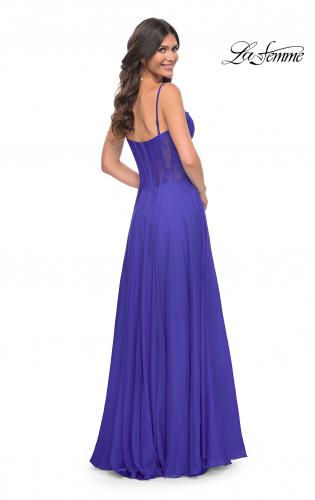 Picture of: Chiffon and Lace Gown with Bustier Top in Blue, Style: 32276, Back Picture