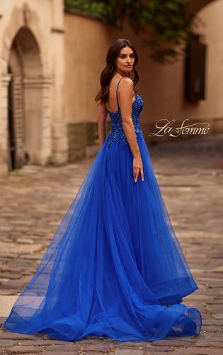 Picture of: Lace and Tulle A-line Prom Dress with High Slit in Royal Blue, Style 32646, Back Picture