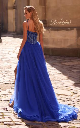 Picture of: Beautiful A-line Prom Dress with Rhinestone Encrusted Corset Top in Royal Blue, Style: 32754, Back Picture