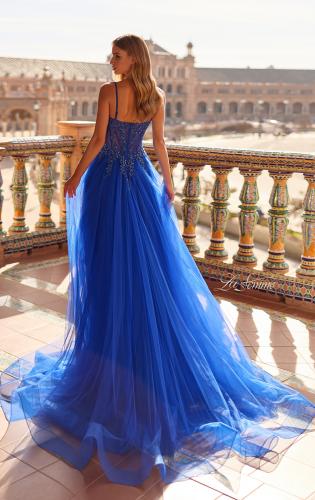 Picture of: Beaded Tulle A-Line Gown with Sheer Corset Bodice in Royal Blue, Style: 33702, Back Picture