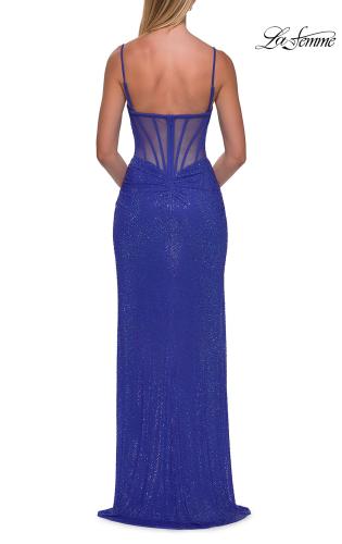 Picture of: Rhinestone Fitted Gown with Draped Bodice and Sheer Corset Back in Royal Blue, Style: 33343, Detail Picture 20