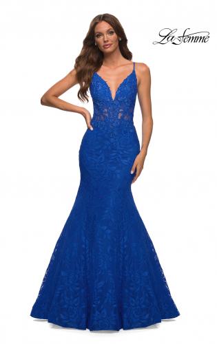 Picture of: Mermaid Lace Prom Dress with Sheer Jeweled Bodice in Royal Blue, Detail Picture 2