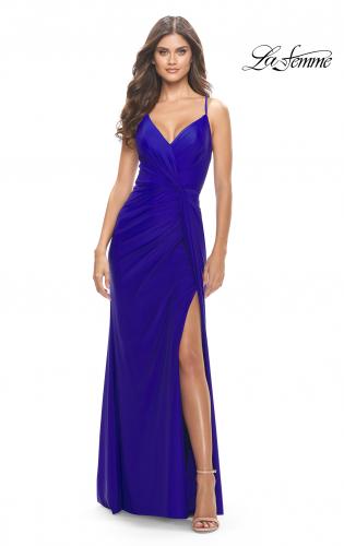 Picture of: Soft Jersey Dress with Knot Waist and Lace Up Back in Royal Blue, Style: 31169, Detail Picture 2