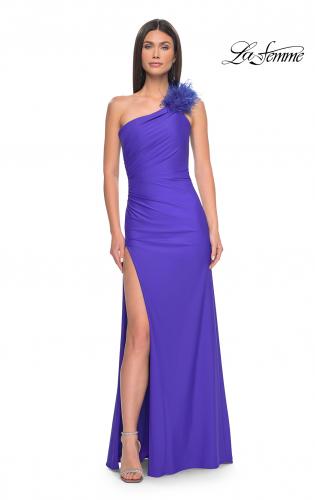 Picture of: One Shoulder Jersey Gown with Feather Detail in Royal Blue, Style: 32076, Detail Picture 2