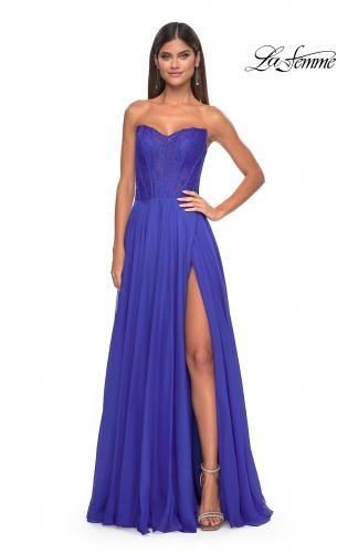 Picture of: Strapless Chiffon Prom Gown with Lace Illusion Bodice in Royal Blue, Style: 32311, Detail Picture 2