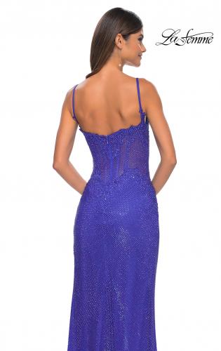 Picture of: Rhinestone Embellished Fishnet Dress with Lace Details in Royal Blue, Style: 32409, Detail Picture 2