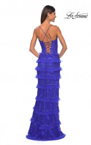 Picture of: Fitted Ruffle Skirt Lace Dress with Illusion Bodice in Royal Blue, Style: 32442, Detail Picture 2