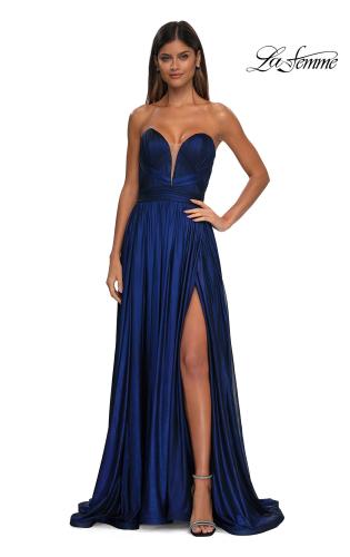 Picture of: Flowy Metallic Net Jersey Prom Dress with Intricate Ruched Bodice in Royal Blue, Style: 32899, Detail Picture 3