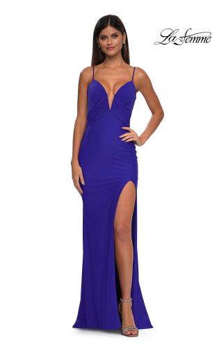 Picture of: Stretch Jersey Prom Dress with Ruched Waist and V Neckline in Royal Blue, Style: 32938, Detail Picture 3