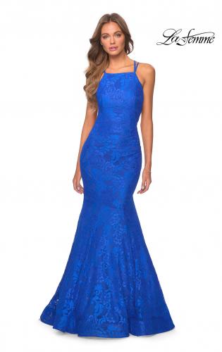 Picture of: Lace Prom Dress with Rhinestones and Strappy Back in Royal Blue, Style 28140, Detail Picture 4