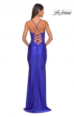 Picture of: Sheer Lace Bodice with Scallop Edge Jersey Long Dress in Royal Blue, Style: 31272, Detail Picture 4