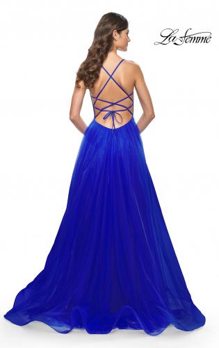 Picture of: A-Line Tulle Gown with High Slit and Illusion Rhinestone Fishnet Bodice in Royal Blue, Style: 32135, Detail Picture 4