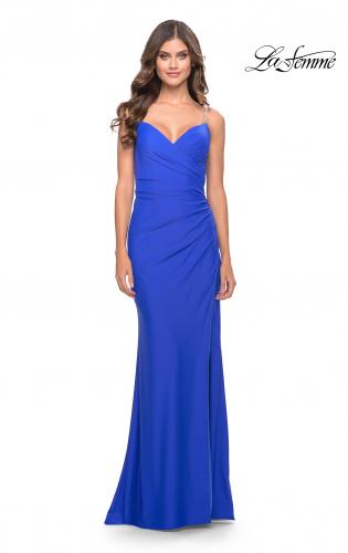 Picture of: Long Ruched Jersey Gown with V Neckline in Royal Blue, Style: 31107, Detail Picture 5