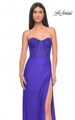 Picture of: Lace Bustier Strapless Dress with Ruched Jersey Skirt in Royal Blue, Style: 32234, Detail Picture 5