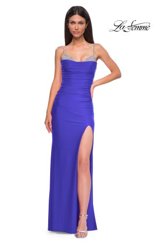 Picture of: Ruched Long Prom Dress with Rhinestone Bra Style Top in Royal Blue, Style 32939, Detail Picture 5