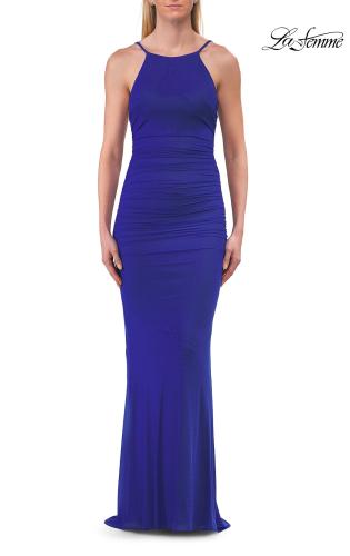 Picture of: Fitted Jersey Gown with Open Back and Ruching in Royal Blue, Style: 33644, Detail Picture 5