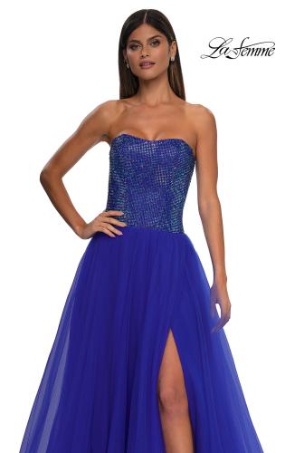 Picture of: Strapless A-line Dress with Full Rhinestone Top in Royal Blue, Style: 32690, Detail Picture 6