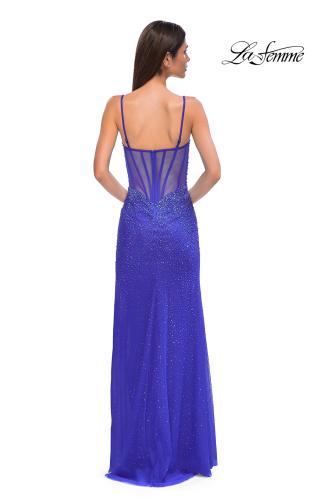 Picture of: Fitted Net Dress with Rhinestones and U Slit in Royal Blue, Style 32840, Detail Picture 6