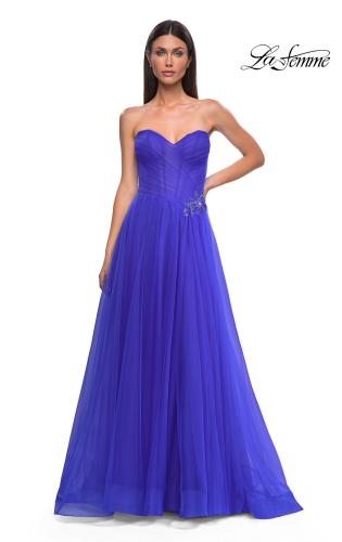 Picture of: Strapless A-line Tulle Dress with Floral Waist Detail in Royal Blue, Style 32789, Detail Picture 7