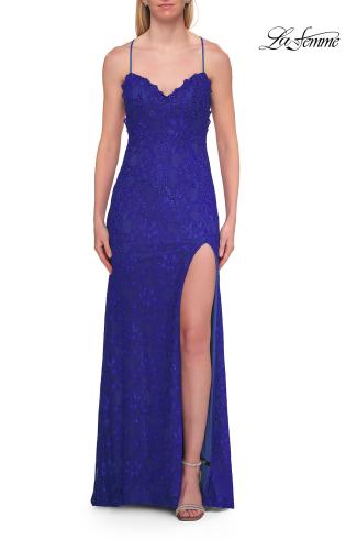 Picture of: Lace Prom Dress with Scalloped Neckline and Open Back in Royal Blue, Style: 33647, Detail Picture 7