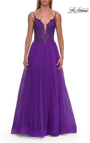 Picture of: Rhinestone Lace A-Line Gown with Sheer Bodice and Slit in Royal Purple, Style: 33674, Detail Picture 9