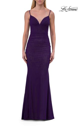 Picture of: Lace Fitted Gown with Ruched Bodice and Sheer Back in Royal Purple, Style: 33443, Detail Picture 16