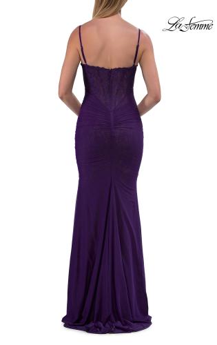 Picture of: Lace Fitted Gown with Ruched Bodice and Sheer Back in Royal Purple, Style: 33443, Detail Picture 17