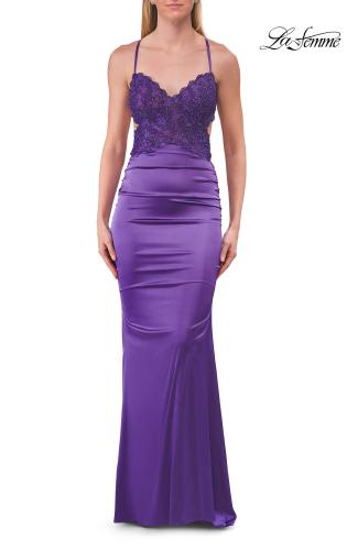 Picture of: Satin and Lace Prom Dress with Side Cutouts and Open Back in Royal Purple, Style: 33651, Detail Picture 17