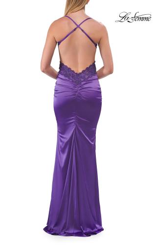 Picture of: Satin and Lace Prom Dress with Side Cutouts and Open Back in Royal Purple, Style: 33651, Detail Picture 18