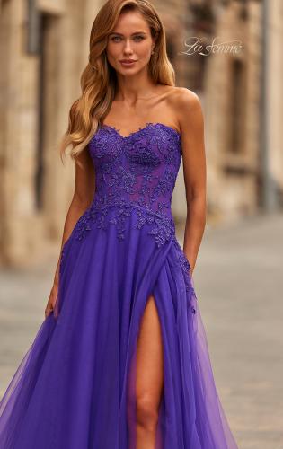 Picture of: Illusion Embroidered Lace Tulle Gown with Slit in Royal Purple, Style: 33551, Detail Picture 1