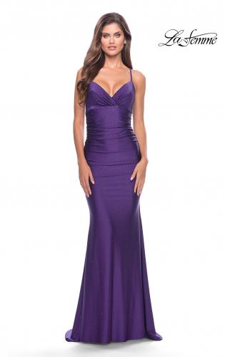 Picture of: Embellished Rhinestone Jersey Long Dress with Lace Up Back in Royal Purple, Style: 30996, Detail Picture 2