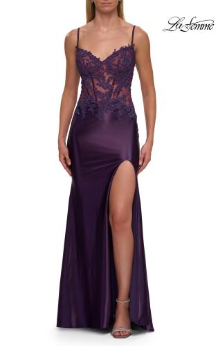 Picture of: Rhinestone Sheer Lace Bodice Prom Dress with High Slit in Royal Purple, Style: 33627, Detail Picture 3