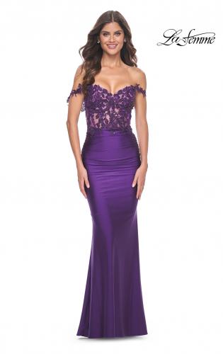 Picture of: Sheer Lace Bodice with Off the Shoulder Straps and Jersey Skirt Gown in Royal Purple, Style: 32302, Detail Picture 4
