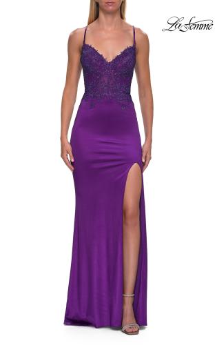 Picture of: Rhinestone Lace Bodice Gown with Slit and Lace-Up Back in Royal Purple, Style: 33498, Detail Picture 7