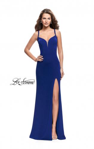 Picture of: Form Fitting Prom Dress with Metallic Straps and Slit in Royal Blue, Style: 26021, Detail Picture 3