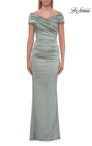 Picture of: Off-the-Shoulder Ruched Satin Evening Gown in Sage, Style: 33620, Detail Picture 5