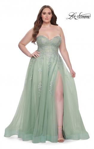 Picture of: Strapless Lace and Tulle A-Line Plus Gown with Tie Back in Sage, Style: 31570, Detail Picture 7