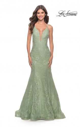 Picture of: Long Mermaid Lace Dress with Back Rhinestone Detail in Sage, Style: 31512, Main Picture