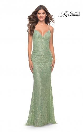 Picture of: Draped Neck Beaded Lace Prom Dress with Ruching in Sage, Style: 31527, Main Picture