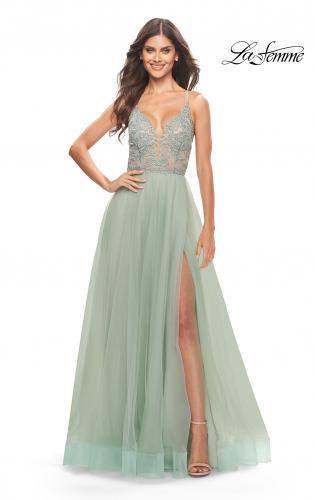 Picture of: Tulle Gown with Sheer Lace Bodice in Sage, Style: 31542, Main Picture