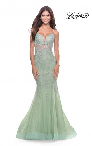 Picture of: Mermaid Tulle and Lace Gown with Illusion Bodice in Sage, Style: 31579, Main Picture
