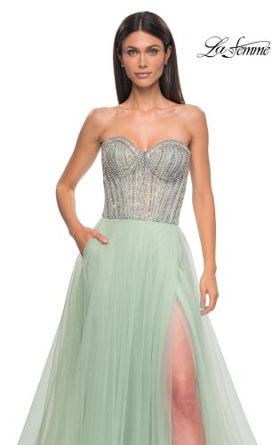 Picture of: Stunning Prom Dress with Rhinestone Lined Corset Top in Sage , Style 32811, Detail Picture 8