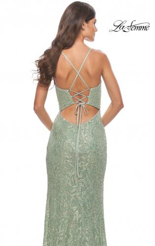 Picture of: Beaded Lace Gown with High Slit and V Neck in Sage, Style: 31388, Detail Picture 9
